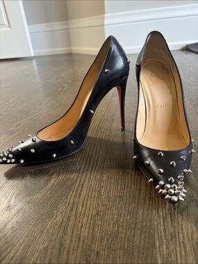 Christian Louboutin Black Leather Spike-Stud Pointed Toe Pumps with Red Sole